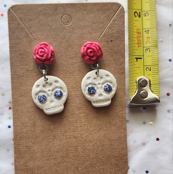 Skull Flower Clay Post Dangle Earrings - Picture 4 of 4